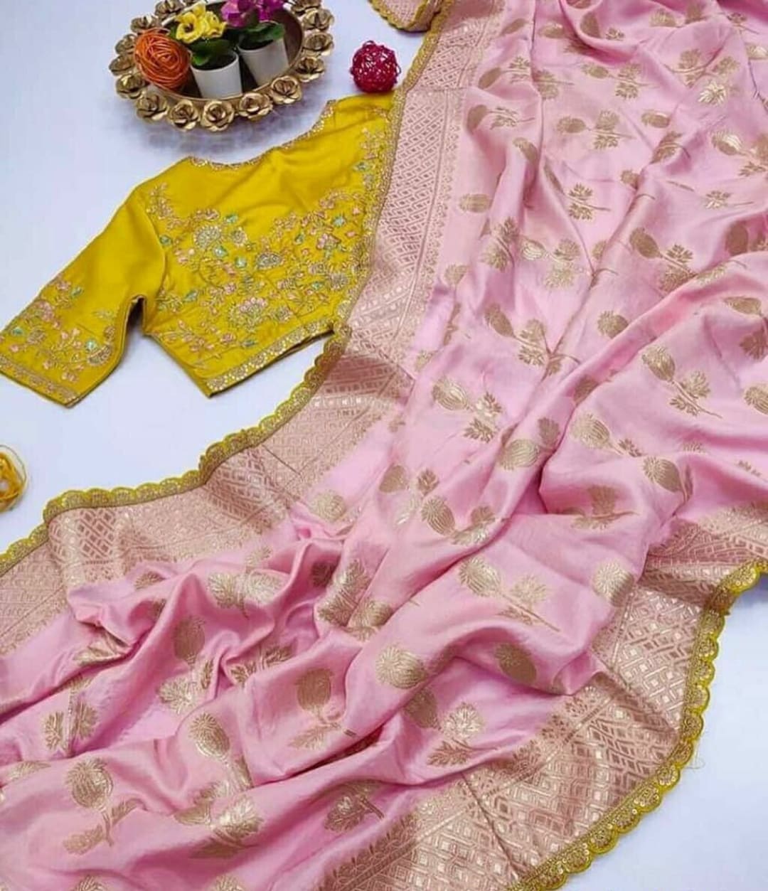 Yellow/baby Pink Weaving Saree With Beautiful Designer - Etsy Canada