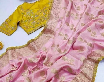 Yellow/baby pink weaving saree with beautiful designer Embroidery blouse, patched border with unique latkan in saree for women wedding