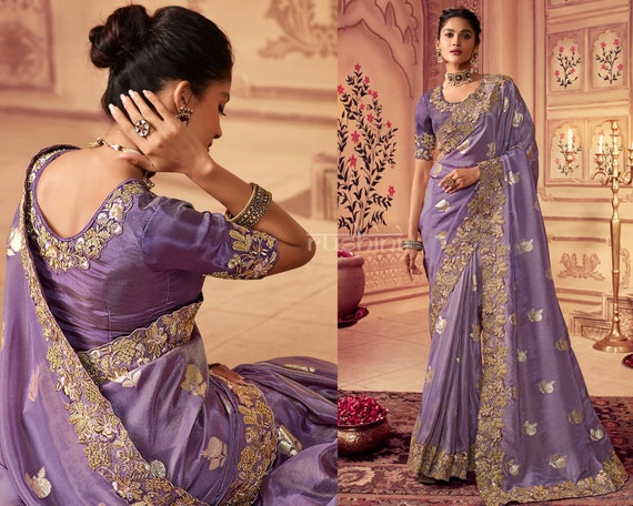 Purple Soft Woven South Silk Saree With Contrast Embroidered Floral Work Designer  Blouse for Sangeet,wedding Wear 