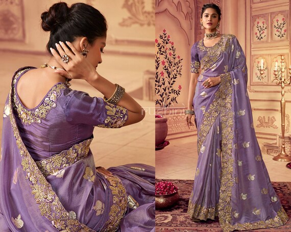 Women Stylish Flower Design Semi Silk Lavender Saree with Jari Border