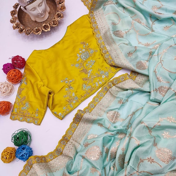 Yellow/Aqua Blue weaving saree with beautiful designer Embroidery blouse, patched border with unique latkan in saree for women wedding