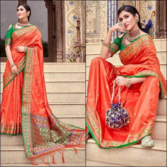 Silk orange and pink saree for wedding - G3-WSA54271 | G3fashion.com