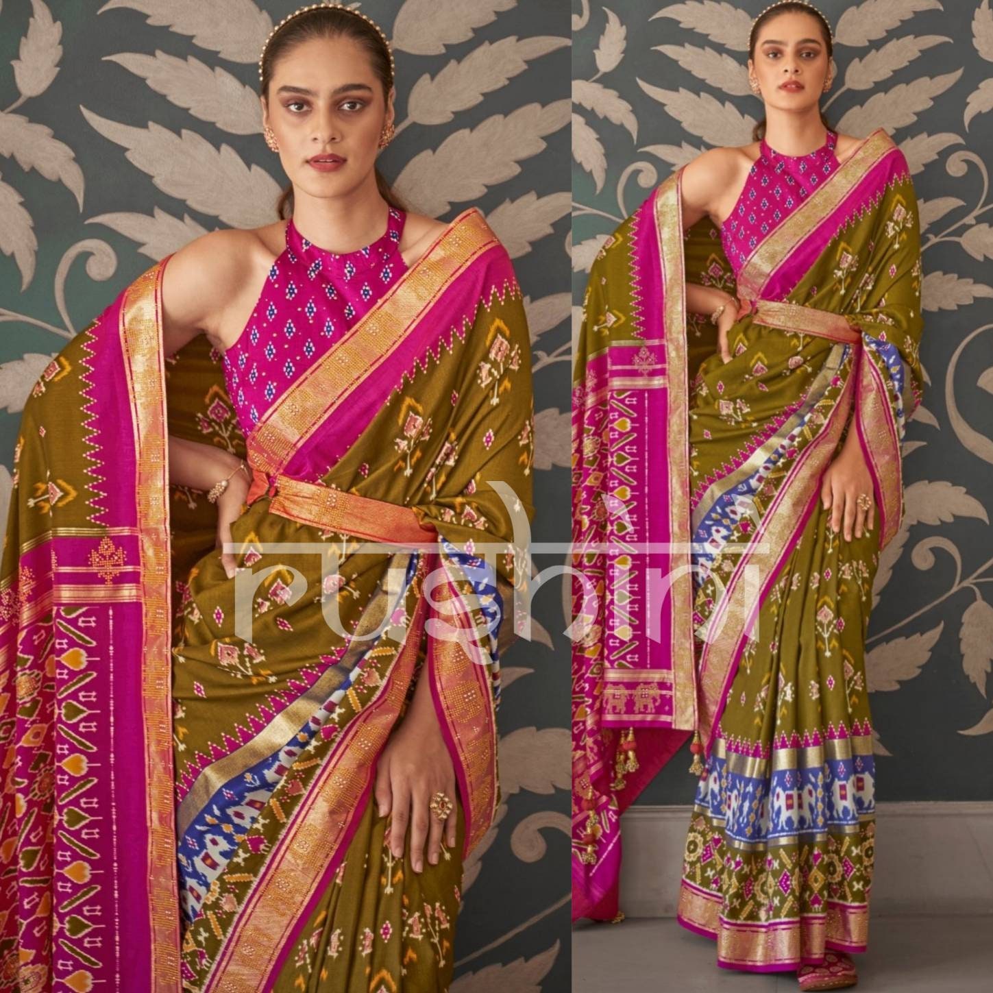 Olive Indian Bollywood Wedding Designer Tusser Silk Saree Sari Party Wear Dress 