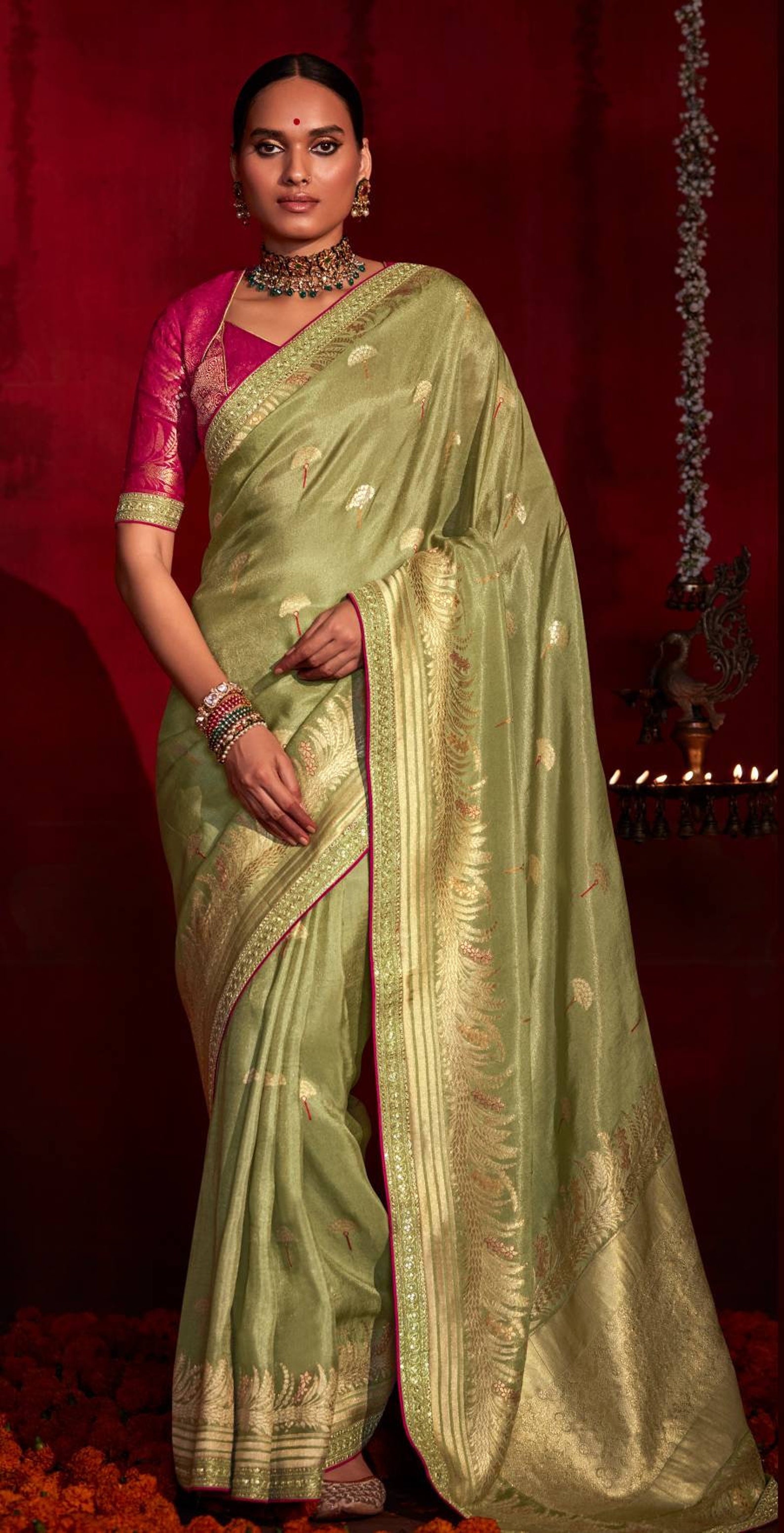 Olive Green Designer Silk Readymade/Easy Saree