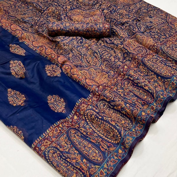 Light Blue Kashmiri Handloom Weaving Jamewar Saree With Beautiful Floral woven work at All over Sari With Stitch Blouse