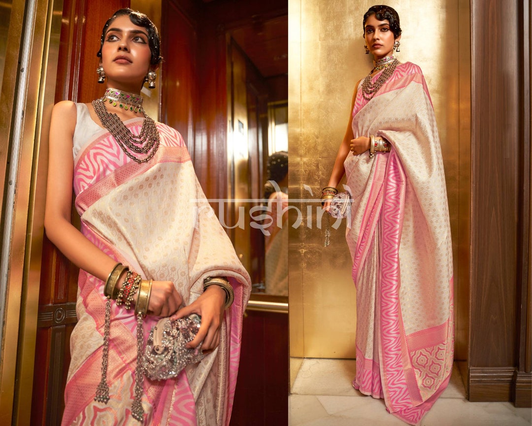 Parchment White and Pink Ikkat Pallu and Border Banarasi Etsy