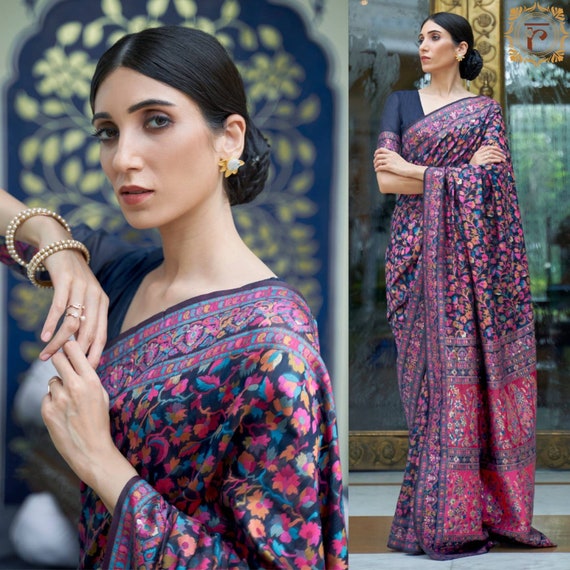 Nevy Blue Multicolor Kashmiri Modal Handloom Weaving Saree | Etsy