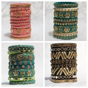 Stunning Handmade Bangles are craft with sequence,cotton thread, mirror,kundan,lace,hand embroidery. Unique designers bangles