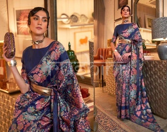 Blue Kashmiri Handloom Weaving Saree With Beautiful Flower Design on All over Sari & Stitch Blouse For Festive Wear
