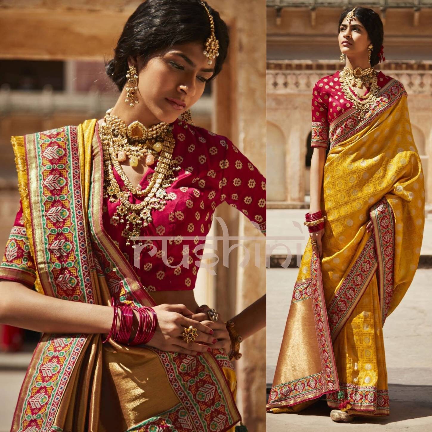 Royal Look Yellow and Red Golden Zari Weaving Saree With - Etsy Royal Look Yellow and Red Golden Zari Weaving Saree With - Etsy