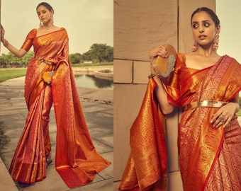 Red Orange Brocade Banarsi Handloom Weaving Silk Saree With Beautiful Rich Pallu & Brocade Blouse For Occasion Wear