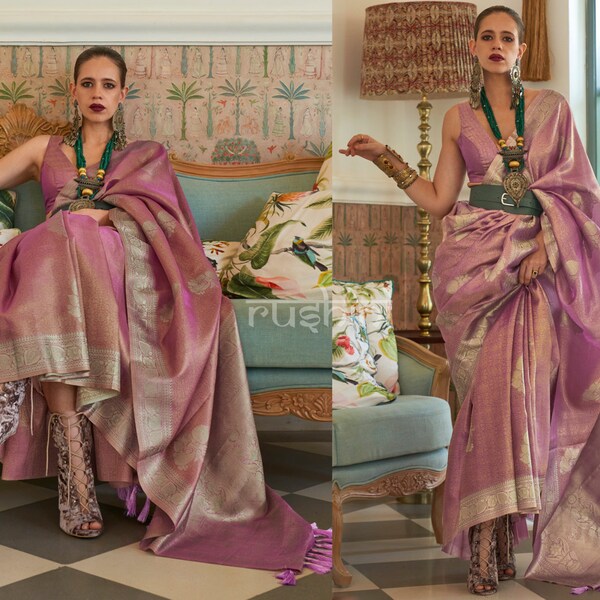 Orchid Purple Satin Tissue Nylon Handloom Weaving saree for women Wedding,festive,party wear exclusive light weight Sari