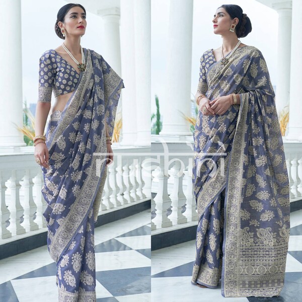 Greyish Blue woven designer lukhnowi chikankari saree with plain blouse with border for women