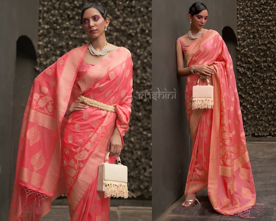 Peach pink galaxy spray embroidered georgette saree and blouse set – Sohni