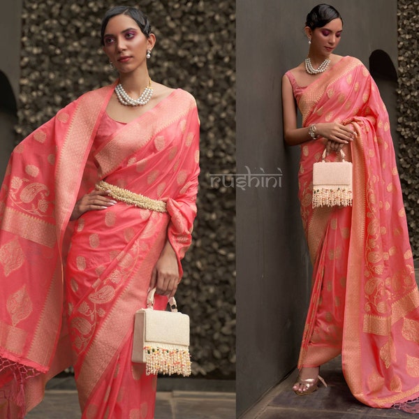 Apricot Peace with two tone chinon Banaras silk saree with matching blouse for women wedding saree, party wear saree, festive wear saree