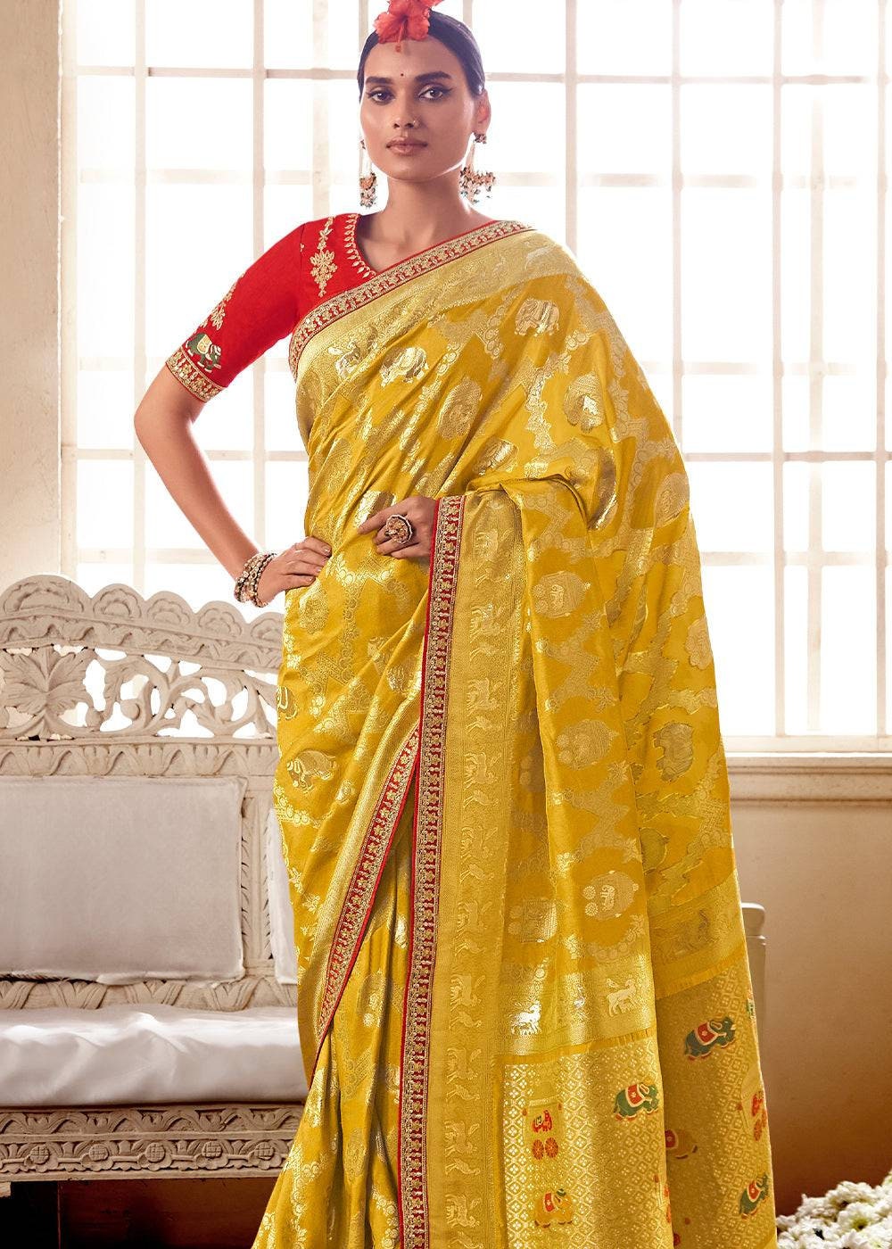 Yellow Color Satin Silk Saree With Blouse and Embroidery Work Belt and Lace