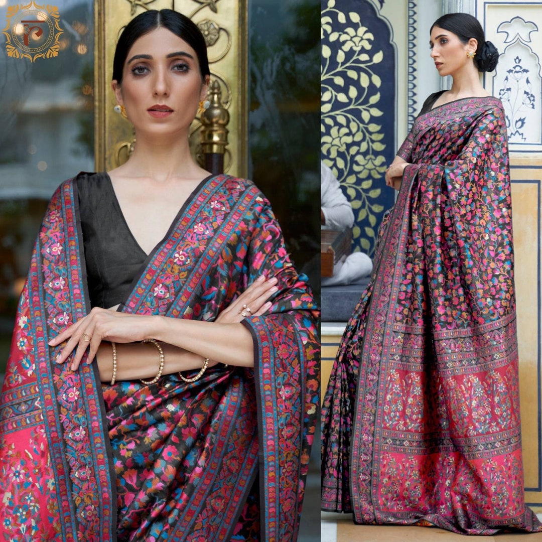 Jet Black Multicolor Kashmiri Modal Handloom Weaving Saree With ...