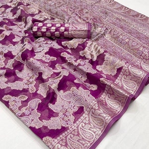 Lavender Organza Chikanakri Zari Lucknowi Handloom Weaving Saree for women wedding party festive wear traditional designer