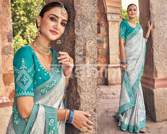Grey Woven Designer Satin Silk Saree With Embroidery Work Blouse for Indian  Traditional Ethnic Wear Stylish Sari -  Norway