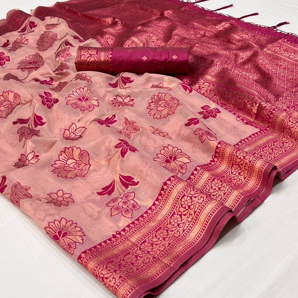 Pink Organza Silk With Attractive Weaving design On Saree For Women Festive,Party Wear Stylish Good Looking sari