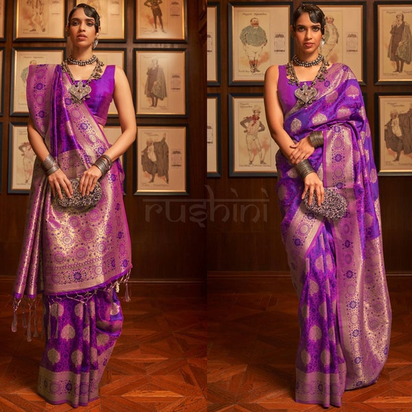 Dahila Purple Woven Banarasi brocade silk saree and matching blouse for women wardrobe, clothing, Saree, Blouse, Bridesmaid Dresses