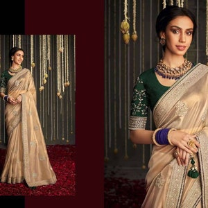 Copper Shaded Soft Tissue Silk Saree with beautiful designer Embroidery Work blouse, patched border in saree for women wedding Wear