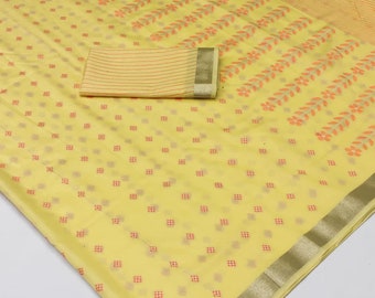 Yellow Soft Modal Poly Viscose Handloom Weaving Saree With Beautiful Rich Pallu & Blouse For Wedding,Festive and Party Wear