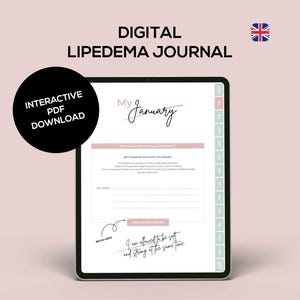 Könnte beinhalten: Ein digitales Lipödem-Journal, das auf einem Tablet angezeigt wird. Der Bildschirm zeigt eine Journalseite mit der Überschrift "My January" und Platz für Notizen. Ein schwarzer Kreis mit weißem Text lautet "Interactive PDF Download". Der Hintergrund ist ein zartes Rosa.
