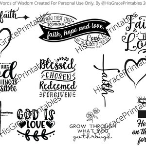 Peut inclure: Plusieurs graphiques chrétiens en noir et blanc avec des citations et des symboles inspirants. Les motifs incluent les mots "foi, espoir, amour", des croix, des cœurs et d'autres phrases religieuses. Le texte "Words of Wisdom" est également présent.