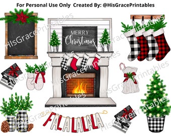 Könnte beinhalten: Eine digitale Illustration einer Weihnachtsszene mit einem Kamin, Strümpfen, einem Weihnachtsbaum und einer Tafel mit dem Text "Frohe Weihnachten".