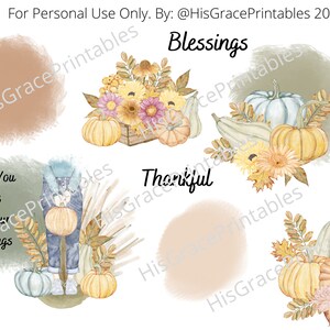 May include: Four printable cards with autumn-themed designs. Each card features a different word: "Blessings", "Thankful", "Thank You Jesus For Your Blessings", and a blank card. The cards feature watercolour illustrations of pumpkins, gourds, and autumn leaves.