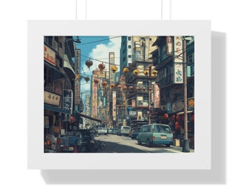 Anime style, Japan busy downtown street, Framed Horizontal Poster