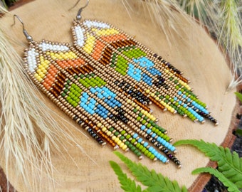 Colorful Feather Seed Bead Earrings Gold Green Turquoise Leaf Beaded Earrings Multicolor Fringe Earrings Summer Boho Earrings