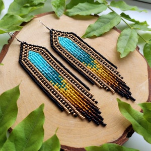 Gold Teal Ombre Beaded Earrings Turquoise Mustard Brown Native Seed Bead Earrings Long Fringe Earrings Handwoven Statement Boho Earrings