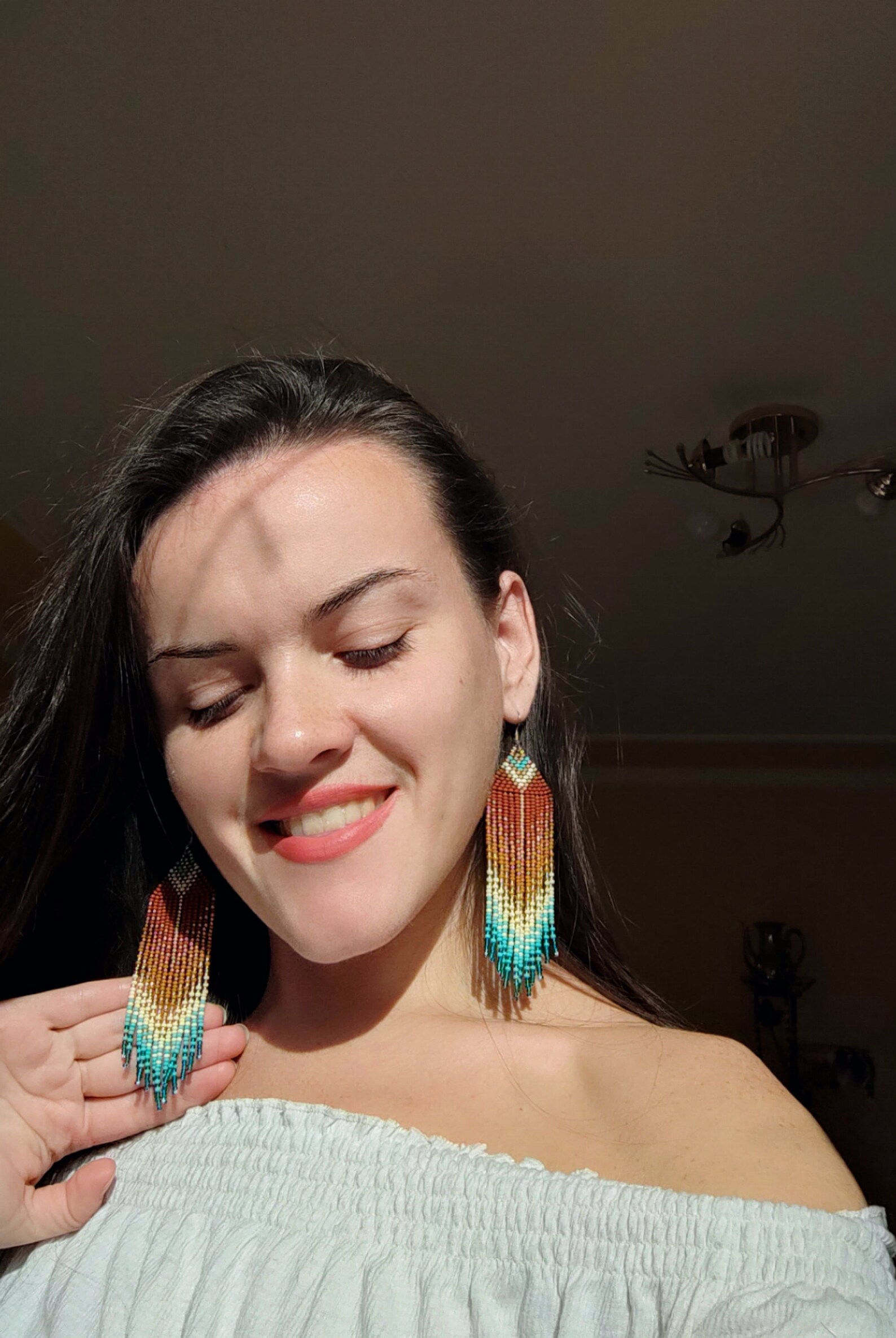 Long Native Beaded Earrings Brown Turquoise Gold Seed Bead Etsy