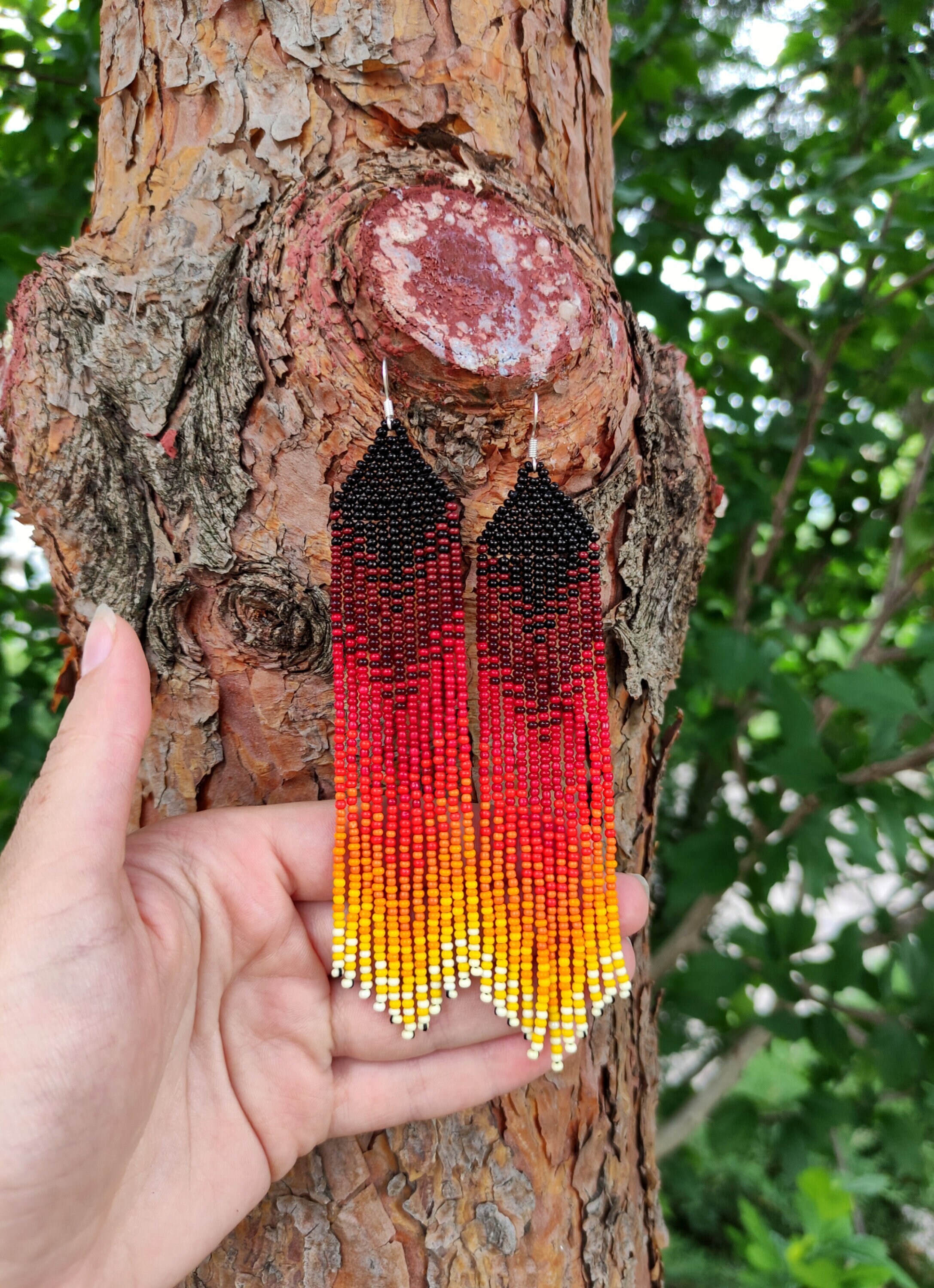 Fire Red Beaded Earrings Ombre Seed Bead Earrings Long Fringe Etsy UK