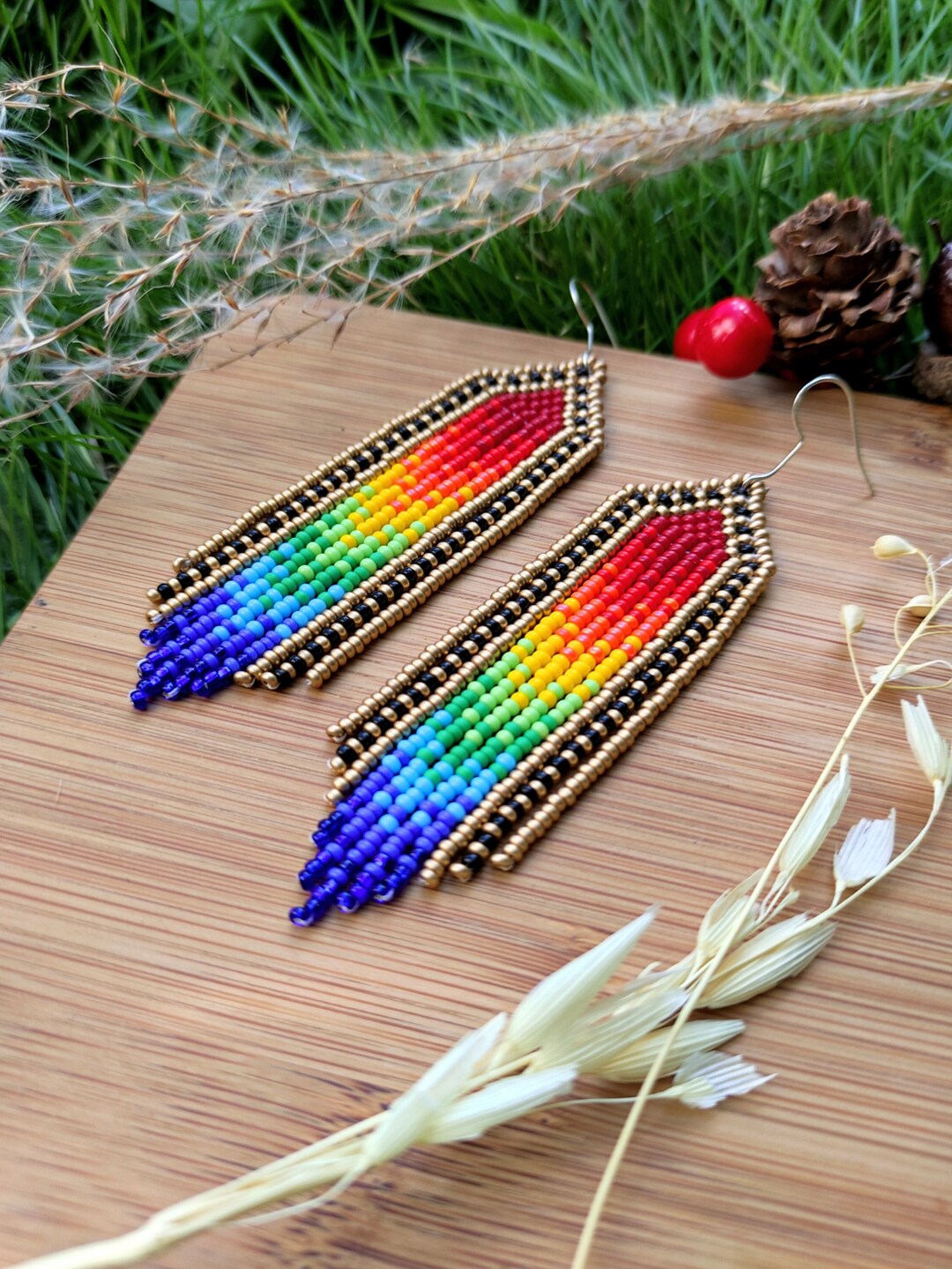 Rainbow Beaded Earrings Bright Multicolor Seed Bead Earrings Colorful
