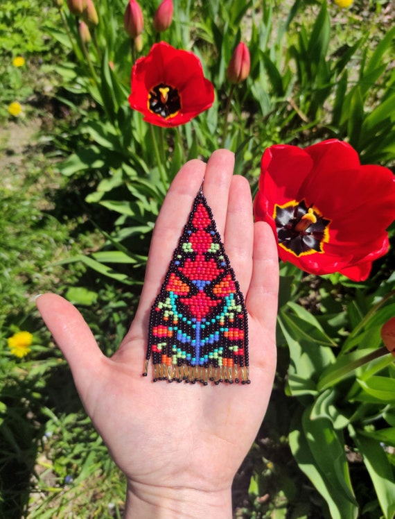 Floral Beaded Bohemian Earrings Red Tulip Seed Bead Earrings Long