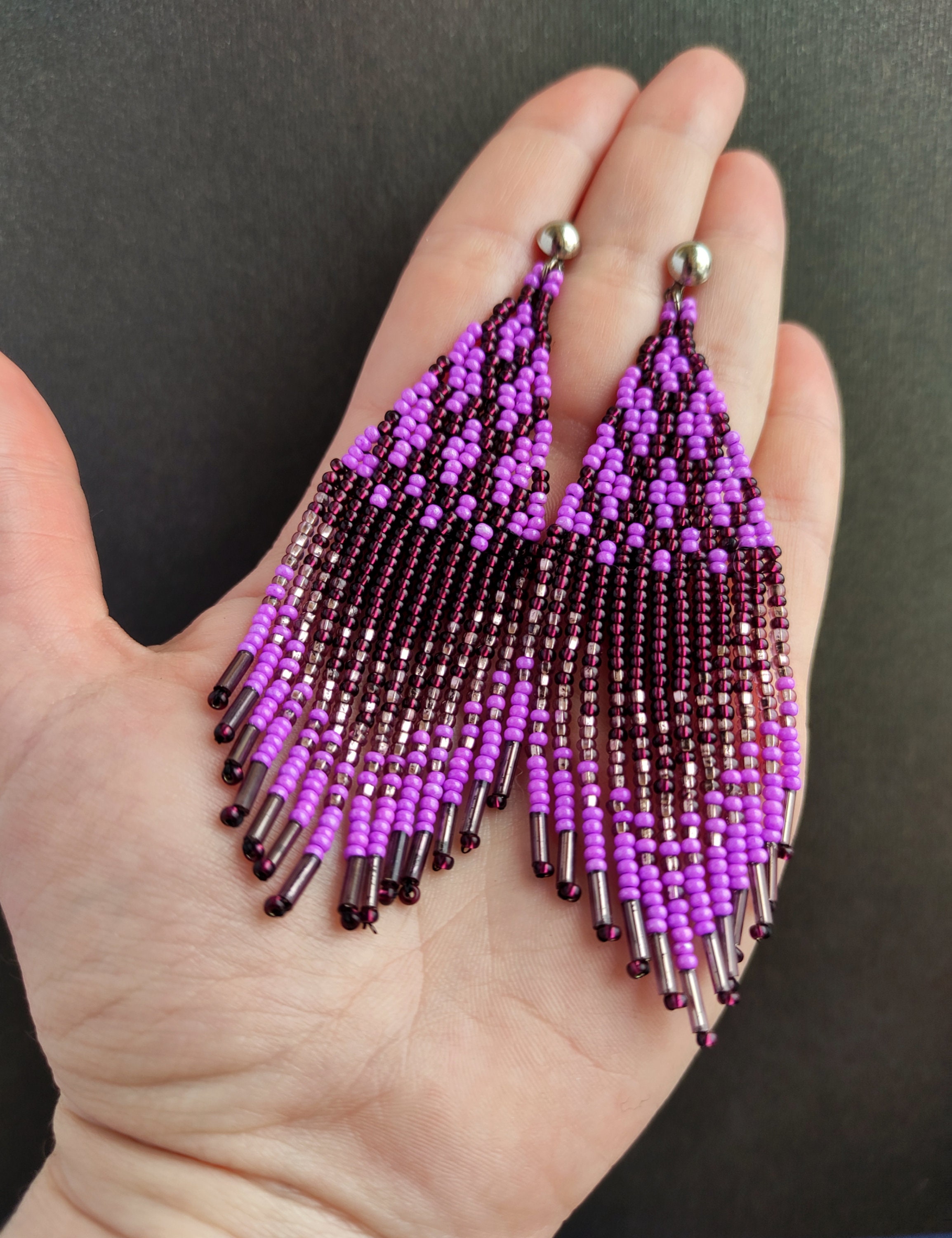 Fuchsia Beaded Fringe Earrings Purple Seed Bead Earrings Etsy