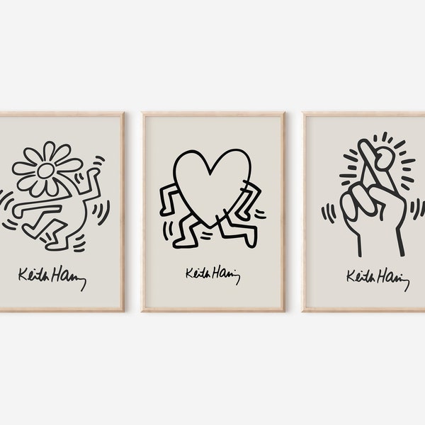 Keith Haring Print Set of 3, Dancing Flower Wall Art, Running Heart Poster, Pop Art Retro Prints, Minimal Iconic Wall Art, A3, A2, A1