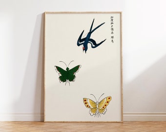 Japanese Vintage Print by Taguchi Tomoki, Swallow and Butterflies Wall Art, Woodblock Minimalistic Art Reproduction, Vintage Japandi Poster