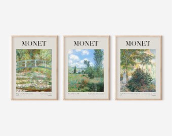 Claude Monet Prints Set of 3, Pond of Water Lilies Exhibition Print, View of Vétheuil Museum Wall Art, Camille Monet in the Garden Poster