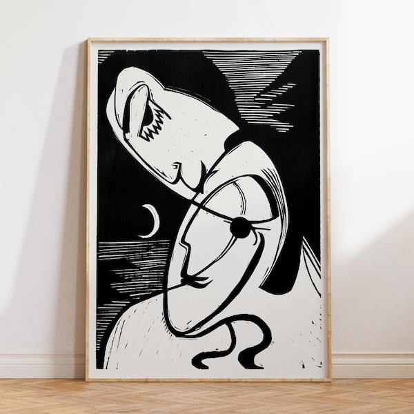 Ernst Ludwig Kirchner Print, The Kiss (1930) Reproduction, Black & White Woodcut Painting, Qubic Style Artwork, Romantic Modern Art