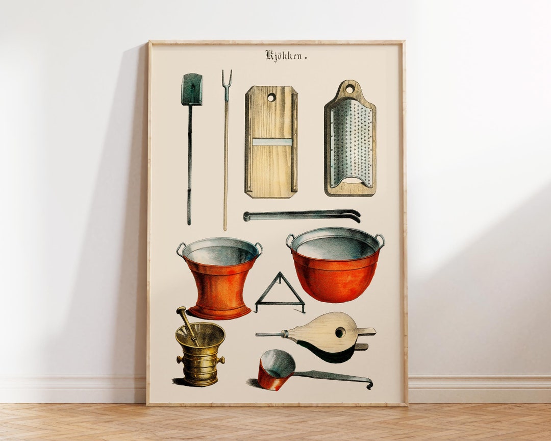 Vintage Kitchen Wall Art Print, Kitchen Utensils Illustration Poster