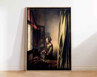 Vintage Art Print by Johannes Vermeer "Girl Reading a Letter by an Open Window" (ca. 1659), Antique Famous Oil Painting Reproduction, A3, A2