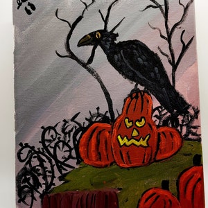 Crow and Pumpkin, Crow Art, Crow Décor, Crow Painting, Crow and Pumpkin Painting, Pumpkin Art, Halloween Décor, Fall Art, Fall Painting
