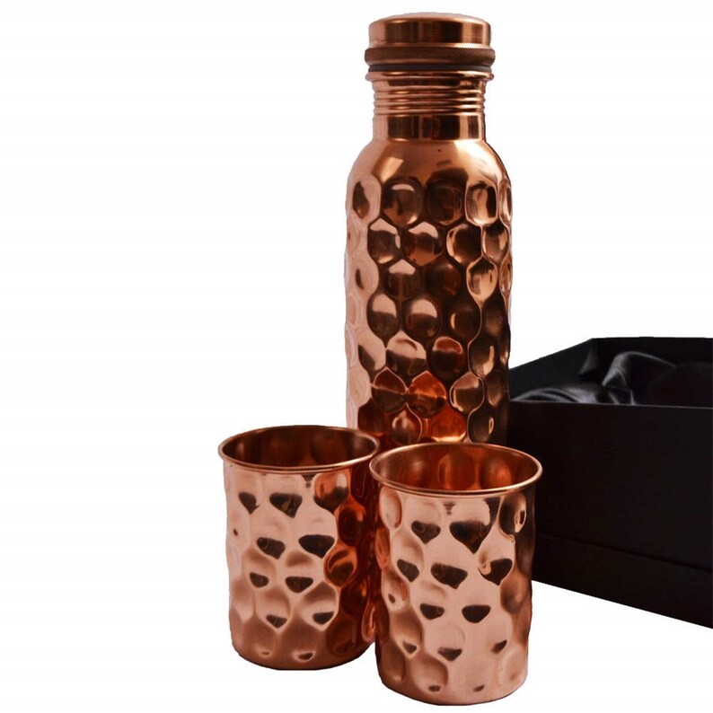 Hammer Pure Copper 950 ML Water Bottle with 2 Glass Set for Diwali Gift Set