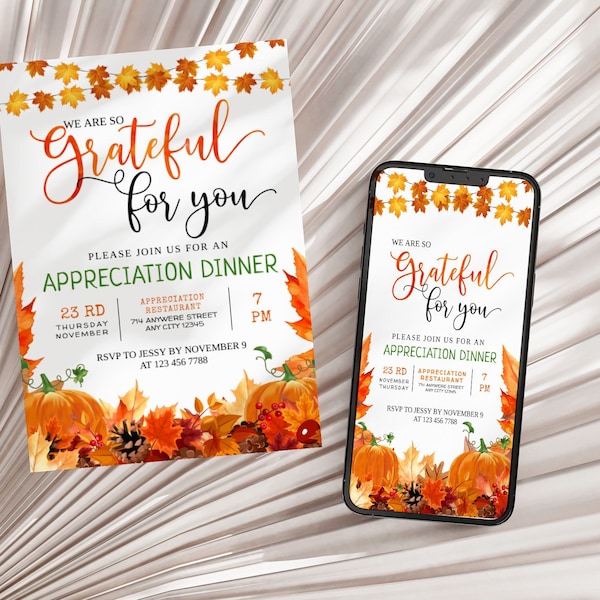 Grateful For You Fall Appreciation Invitation Give Thanks Editable Template, Teacher Staff Invitation Pumpkin Printable Boss Client Templett