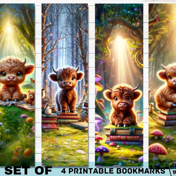 4 Cute Highland Cow Bookmarks | Digital Printable Bookmarks Set of 4 | PNG bookmark sublimation | Calf bookmark set | Bookish Gift