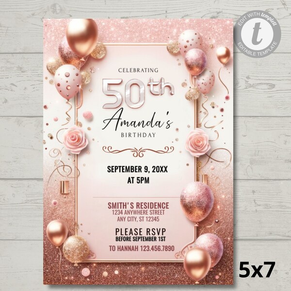 50th birthday invitation | Editable Rose Gold Birthday Invitation | Rose Gold Balloons Invite | Rose Gold Invitation | Printable or Text